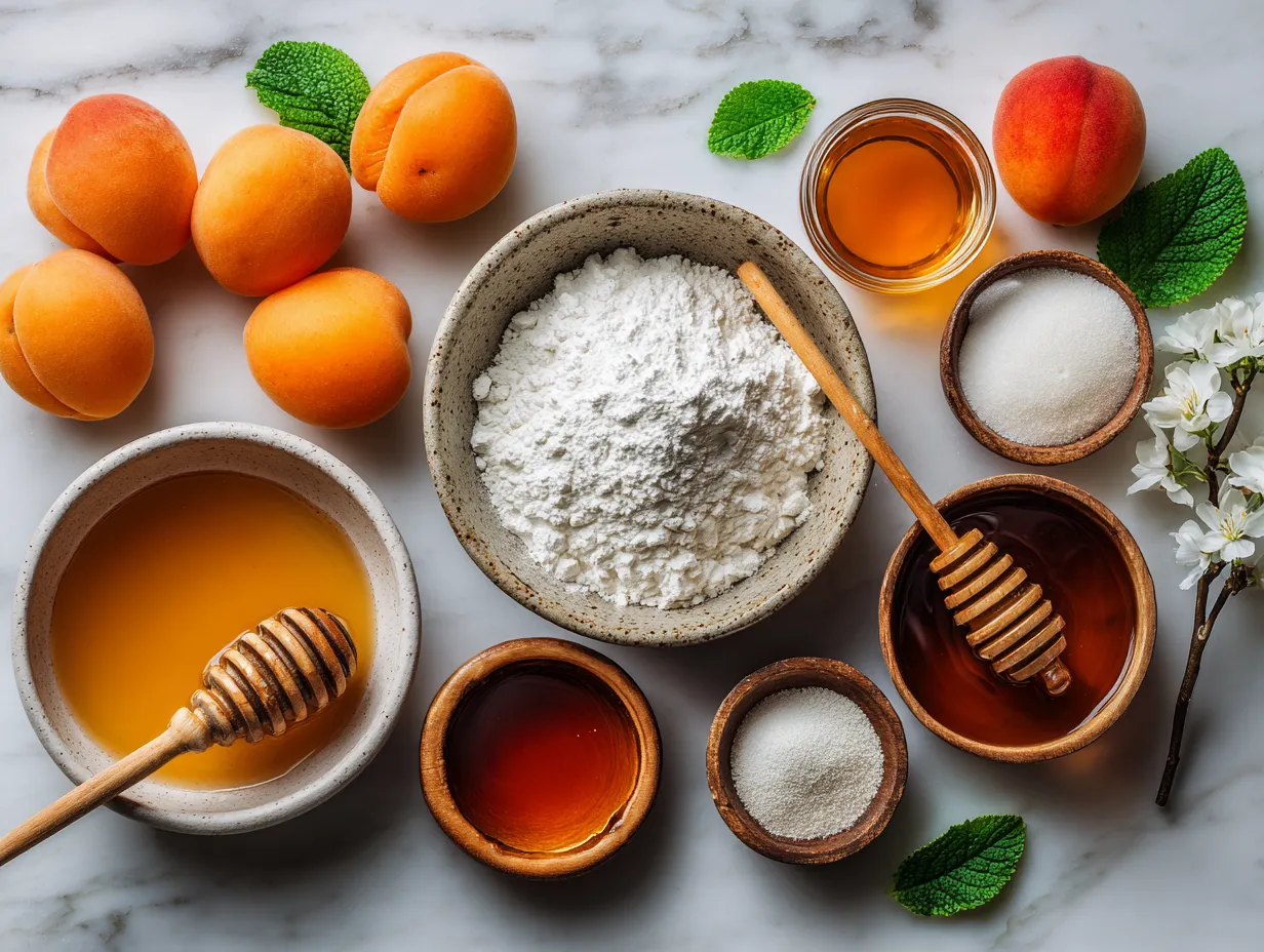 Ingredients for Fresh Apricot Tart with Honey: fresh apricots, flour, butter, sugar, honey, and lemon zest
