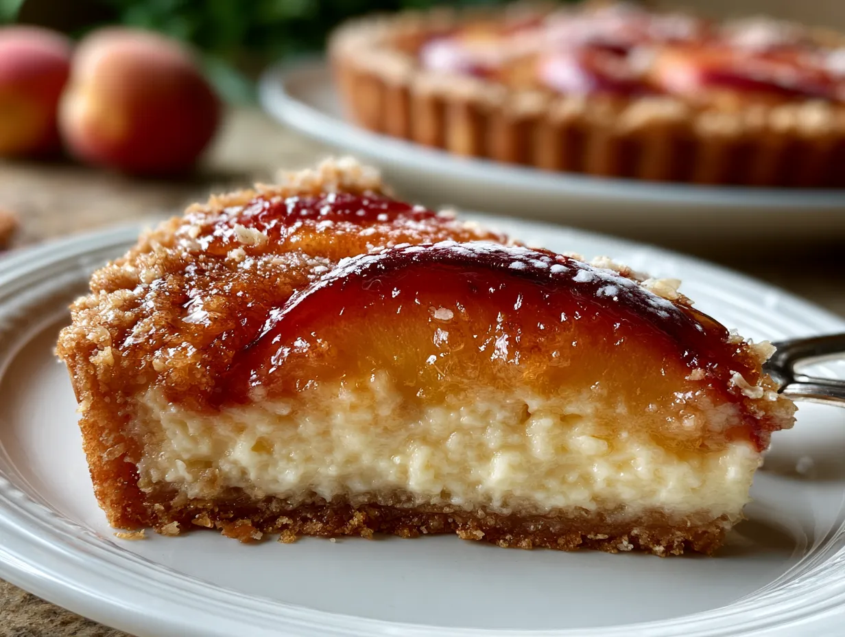 Fresh Nectarine Tart with Almond Crust served on white plate