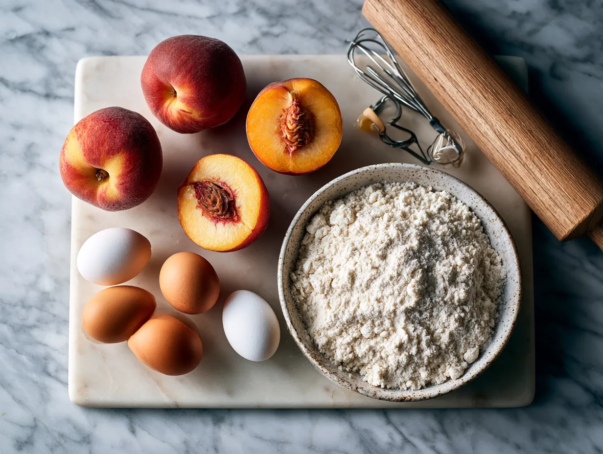 Ingredients for Fresh Nectarine Tart with Almond Crust shown on wooden surface