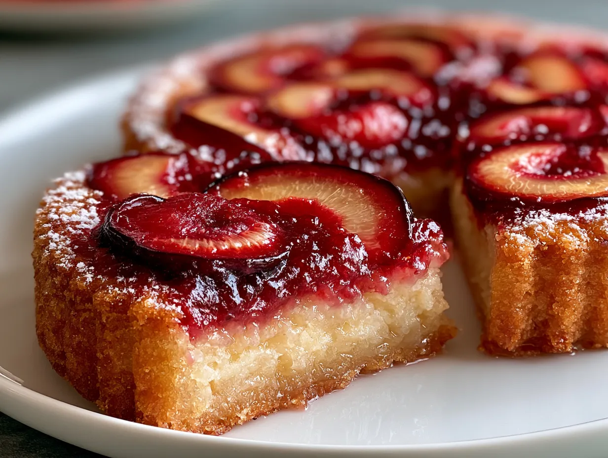 Fresh Plum Tart served on rustic board with fresh herbs