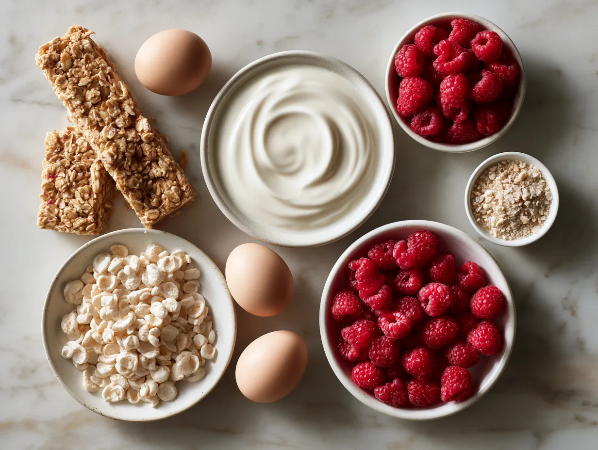 Ingredients for Fresh Raspberry Yogurt Bars laid out on a kitchen counter