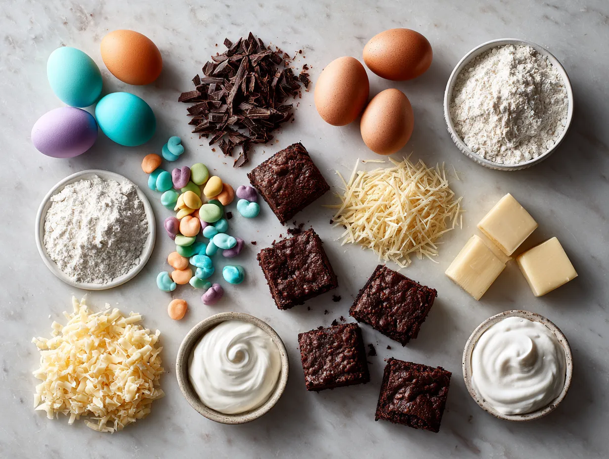 Ingredients arranged for Fudgy Halloween Mummy Brownie Bite