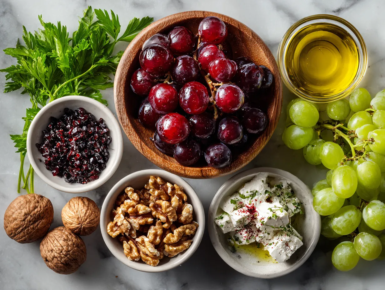 Ingredients for Grape and Walnut Salad laid out on a kitchen counter