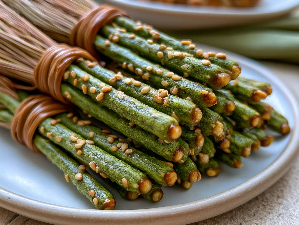 An assortment of Green Witch Broomstick Pretzel Snacks beautifully arranged on a platter