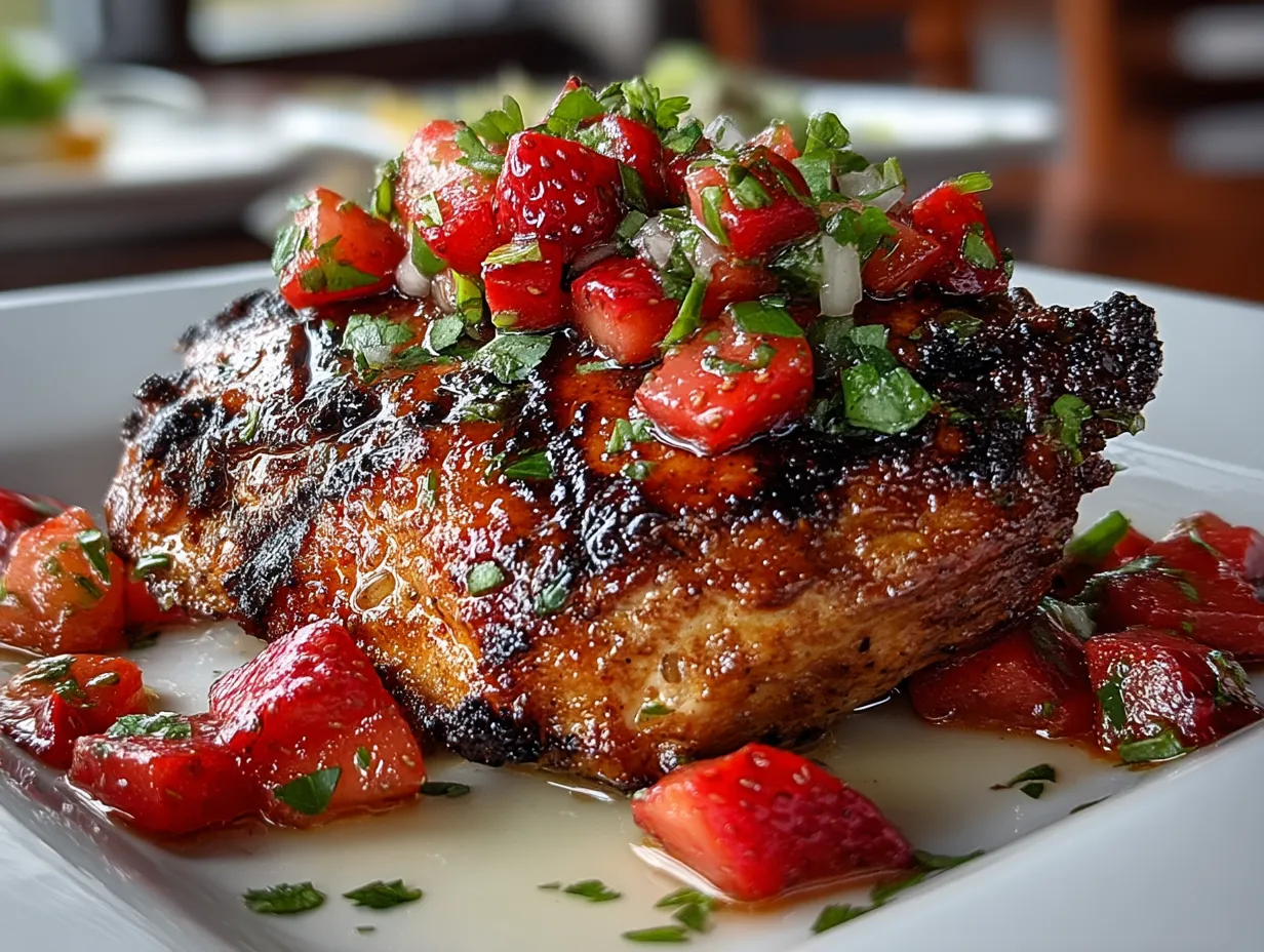 Serving Grilled Balsamic Chicken with Strawberry Salsa