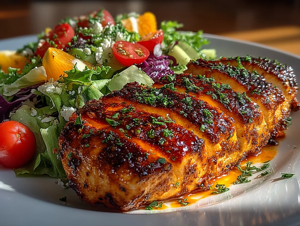 Served Grilled Buffalo Chicken Salad with Blue Cheese Dressing