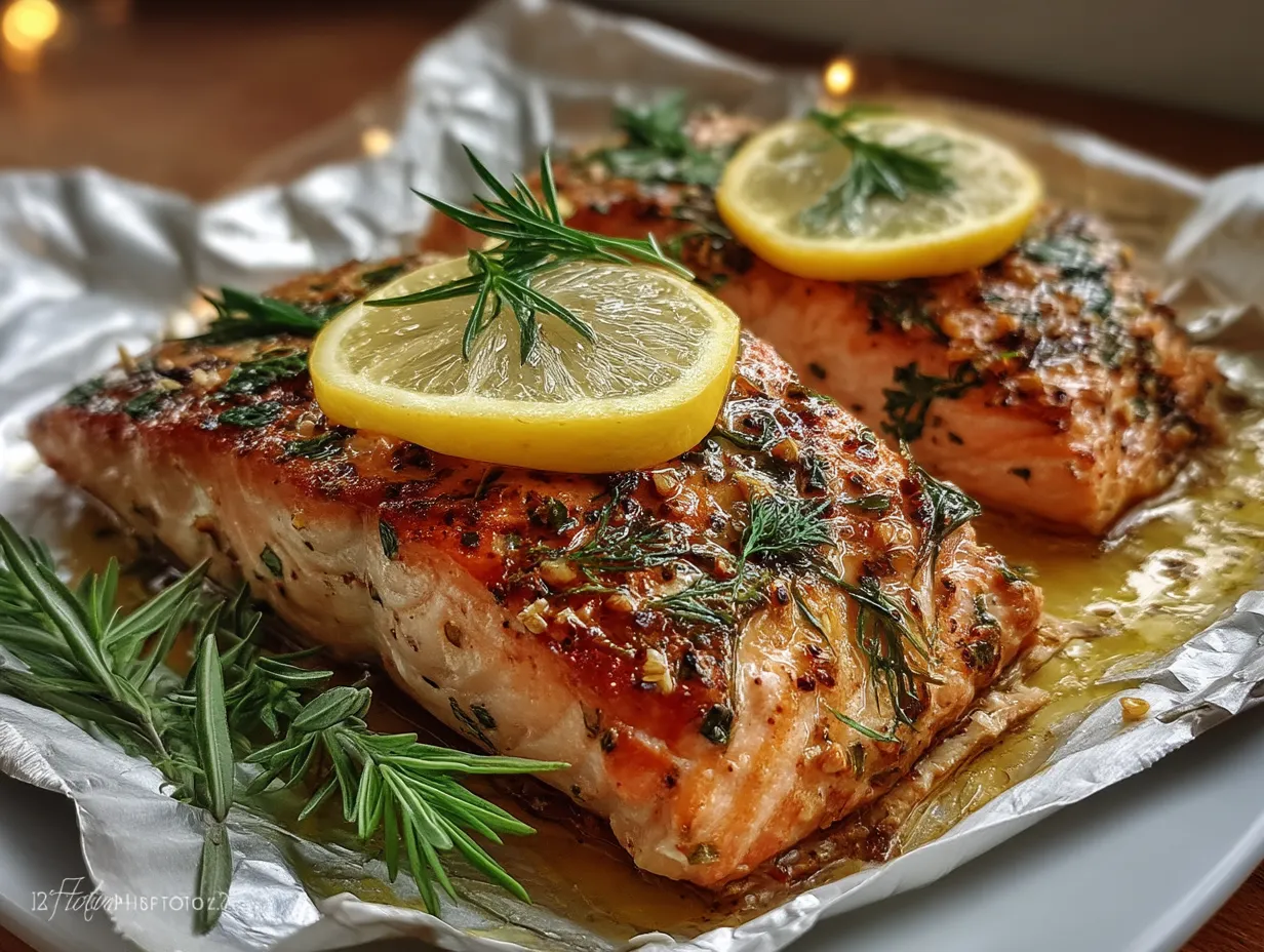 Grilled Lemon Dill Salmon En Papillote served on a plate