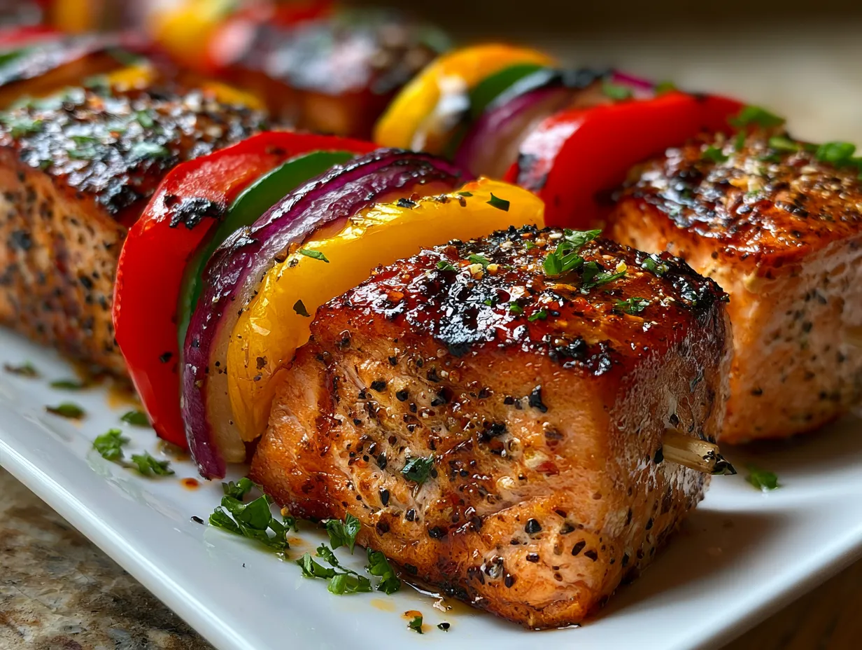 Grilled salmon kabobs served with side dishes for a family meal