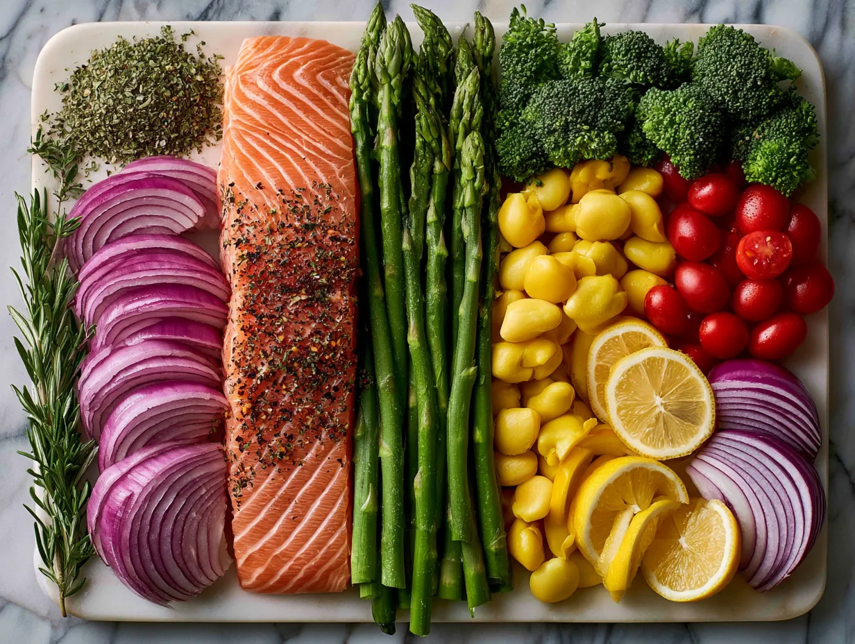 Ingredients for Grilled Salmon Kabobs laid out on a kitchen counter