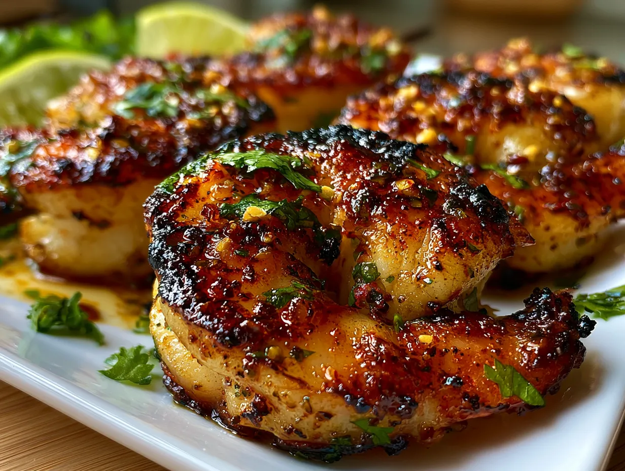 Serving grilled shrimp skewers with lemon wedges and fresh herbs on a plate