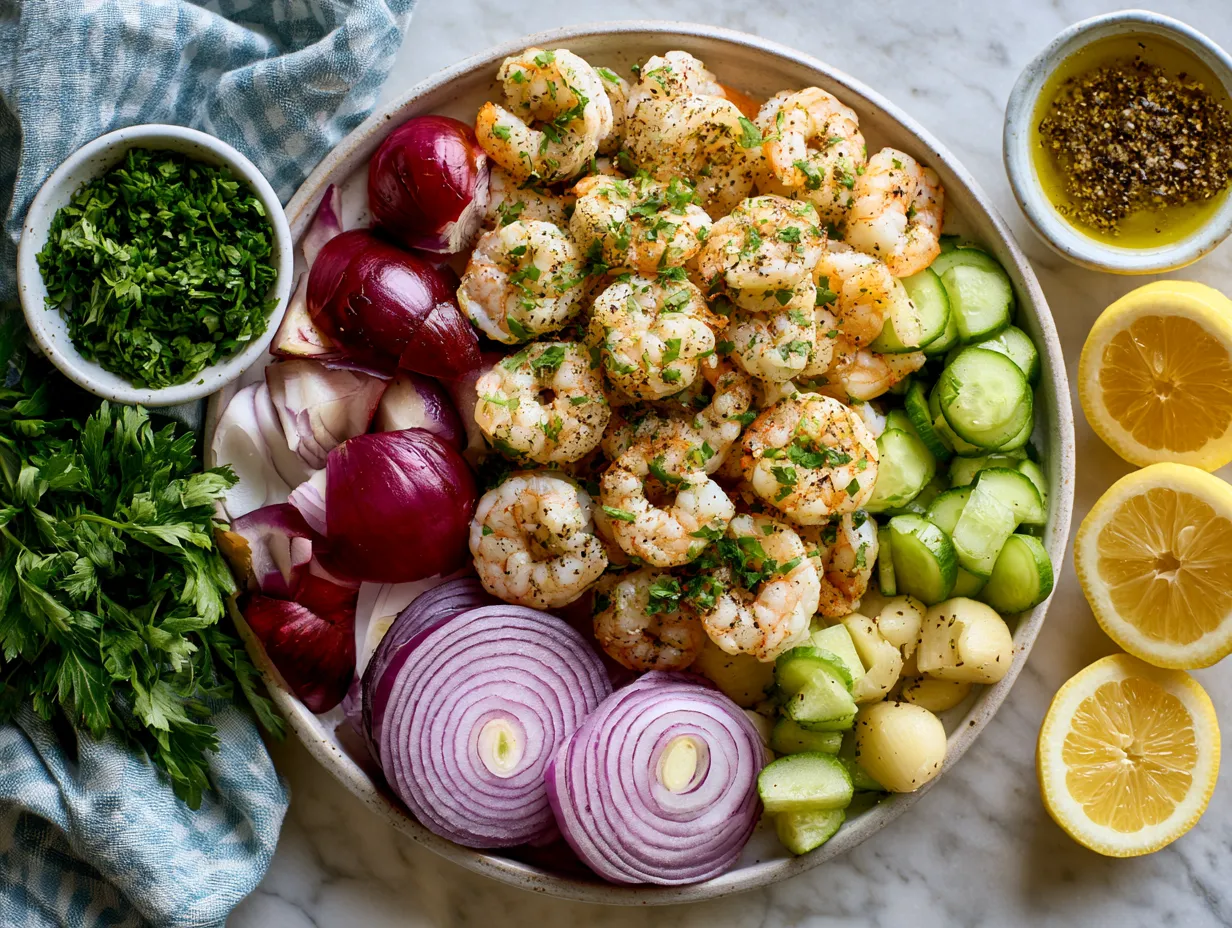 Ingredients for grilled shrimp skewers on a kitchen table