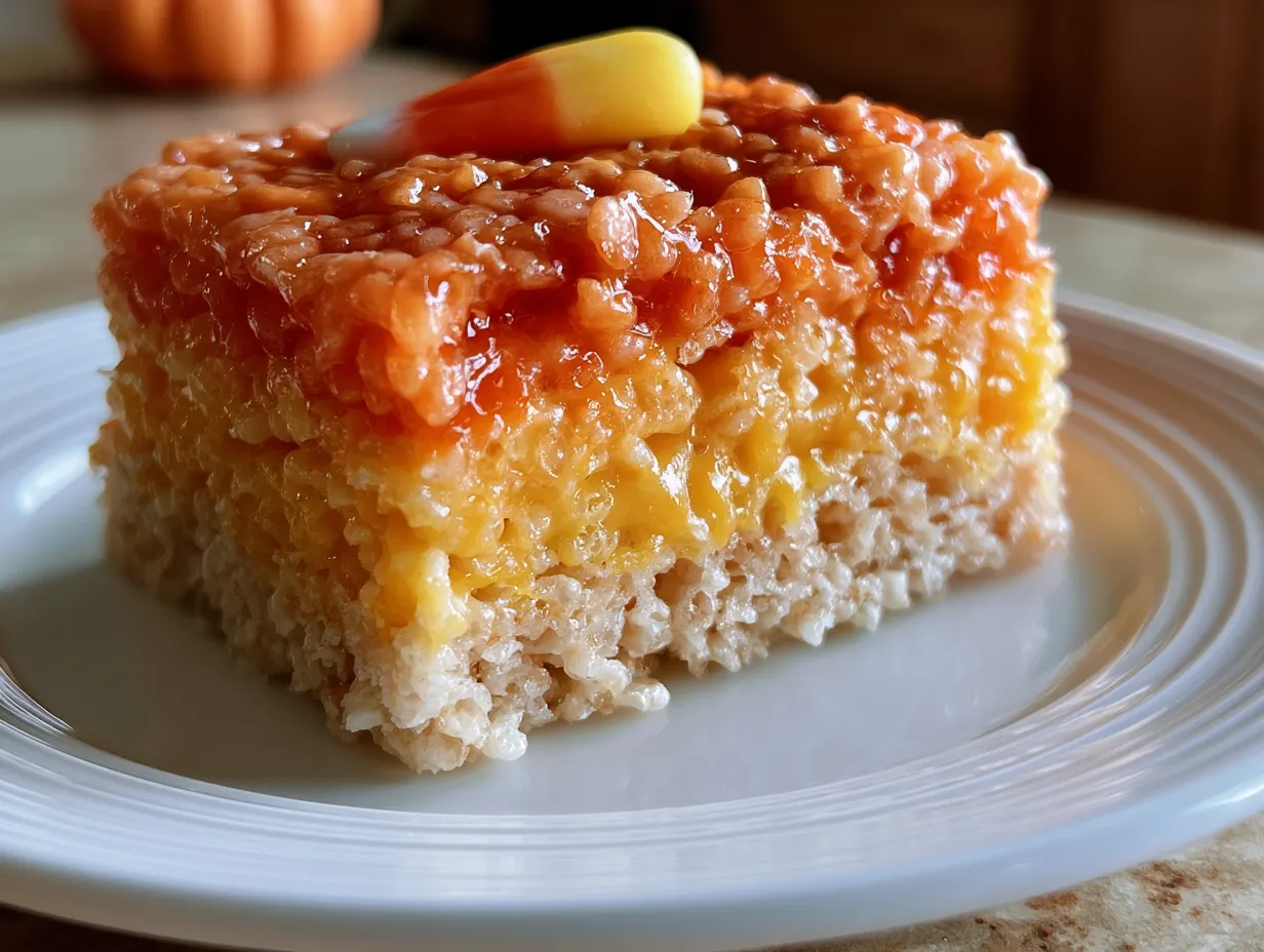 Serving Halloween Candy Corn Rice Krispie Treat on a festive tray