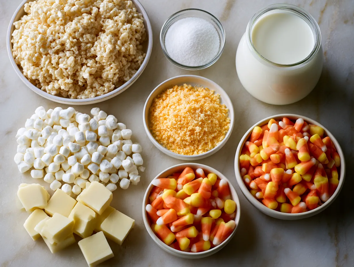 Ingredients needed for Halloween Candy Corn Rice Krispie Treat