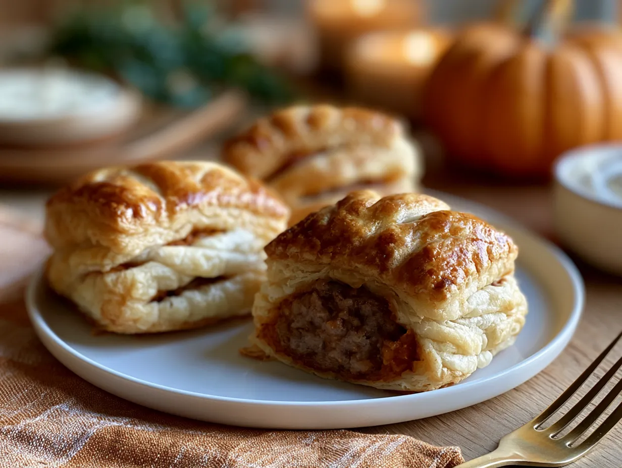 Platter of Halloween Mummy Sausage Roll Bites, golden and ready to serve
