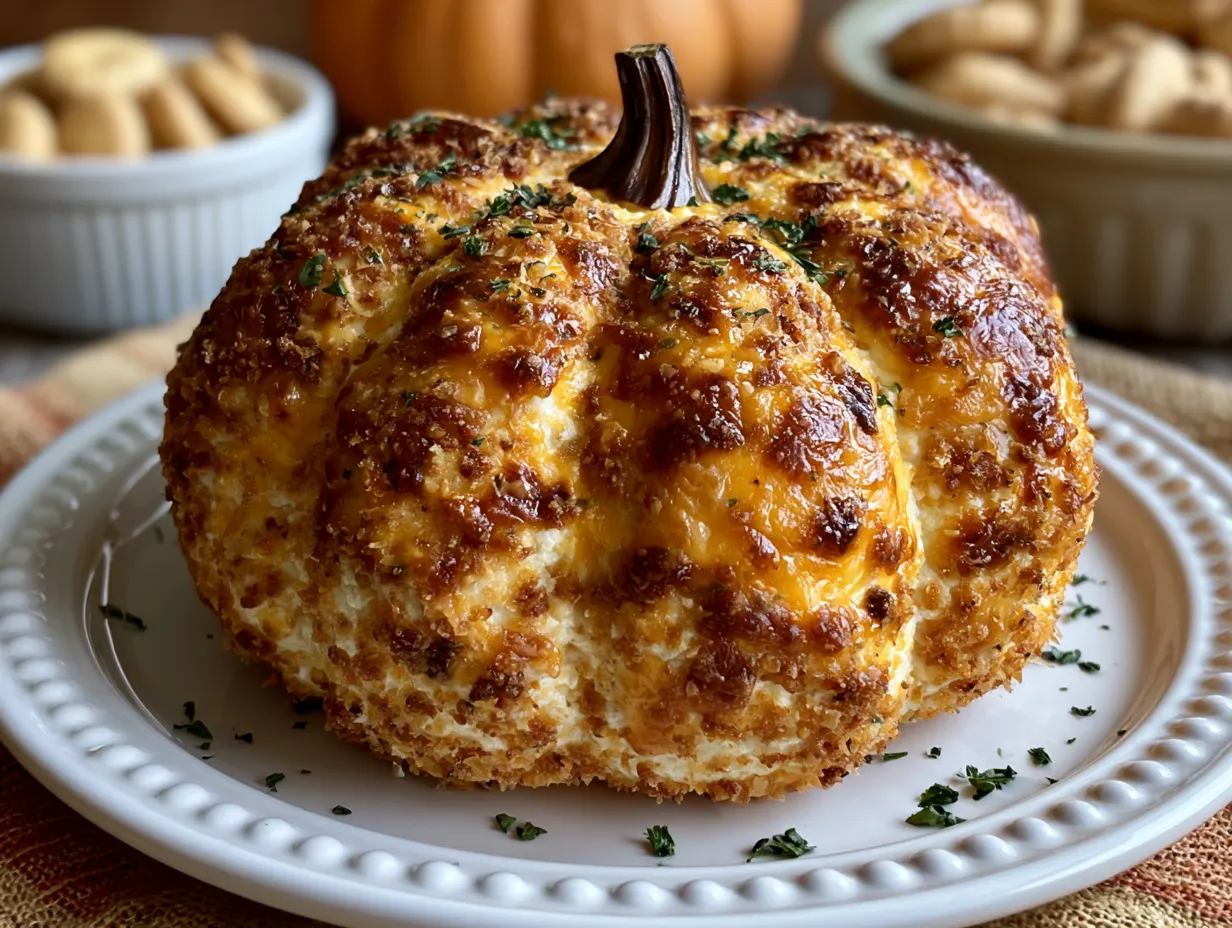 Halloween Pumpkin Shaped Cheese Ball served on a wooden board with crackers and herbs