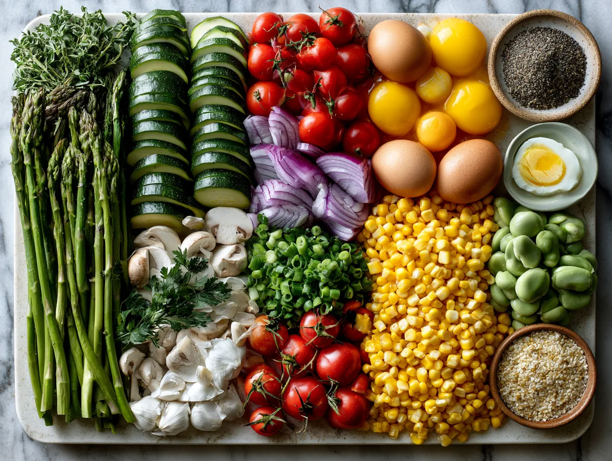 Ingredients for Healthy Zucchini Corn Breakfast Frittata including zucchini, corn, eggs, cheese, onion, and garlic