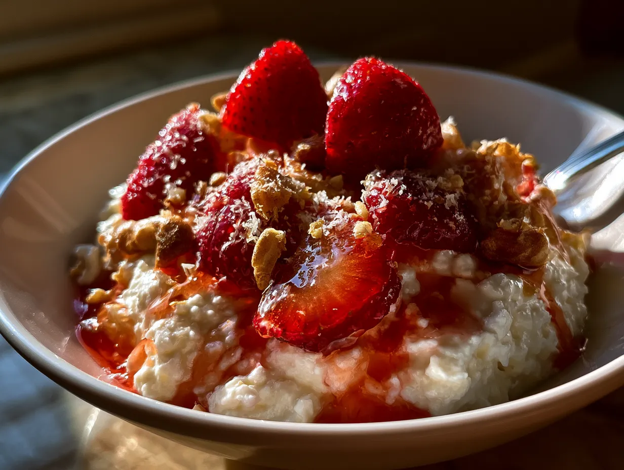 Served High Protein Strawberry Cottage Cheese Bowl in a colorful dish