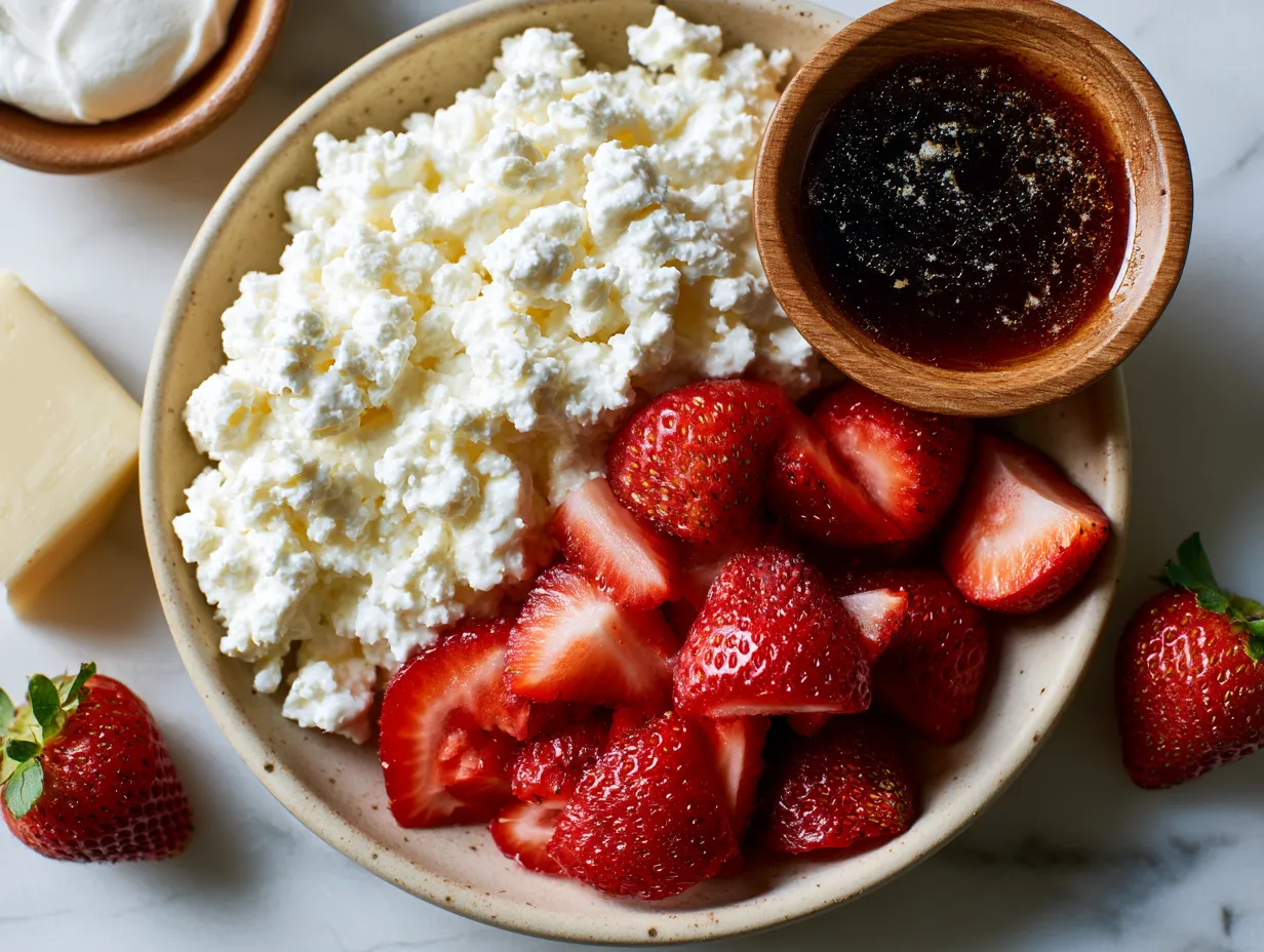 Ingredients for High Protein Strawberry Cottage Cheese Bowl