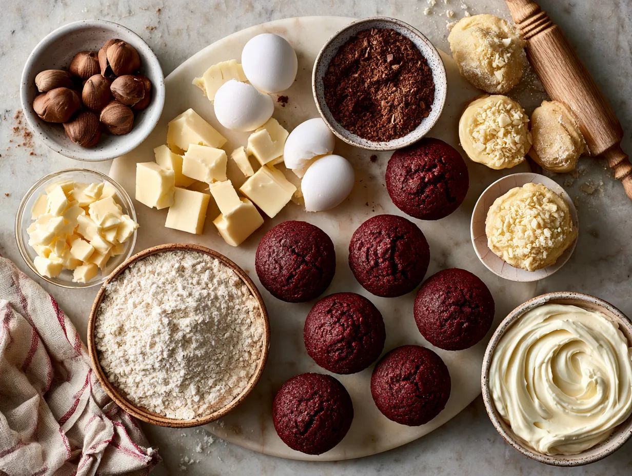 Ingredients for homemade red velvet cupcakes