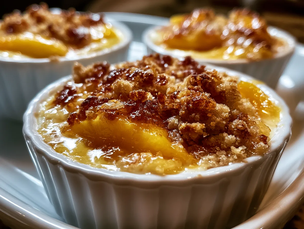 Individual Peach Crisp Cups served with vanilla ice cream on a plate