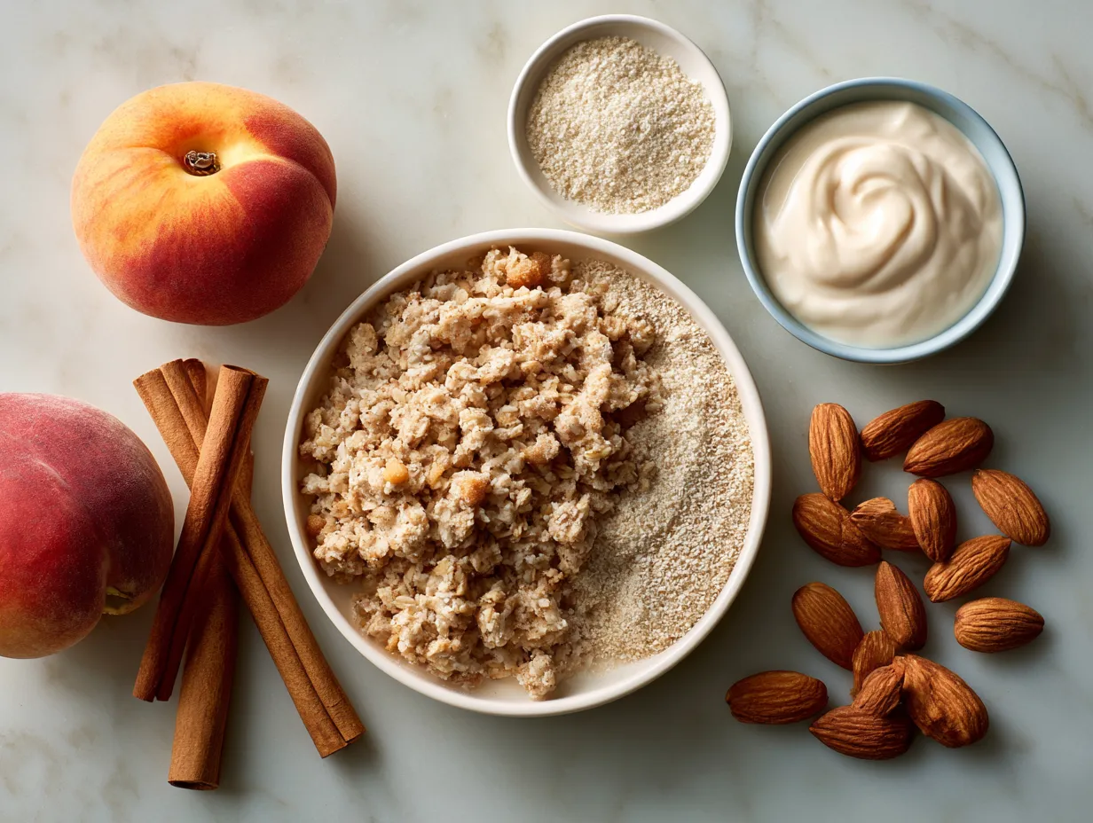 Ingredients for Individual Peach Crisp Cups showing oats, peaches, butter, sugars