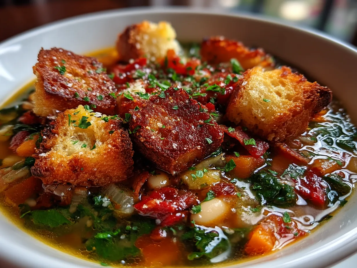 Italian Minestrone Soup Bowl served in a deep bowl with fresh herbs and olive oil drizzle