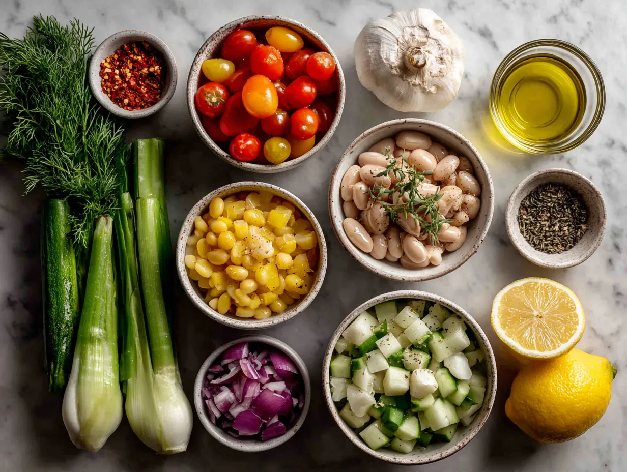 Ingredients for Italian Minestrone Soup Bowl displayed on a kitchen counter