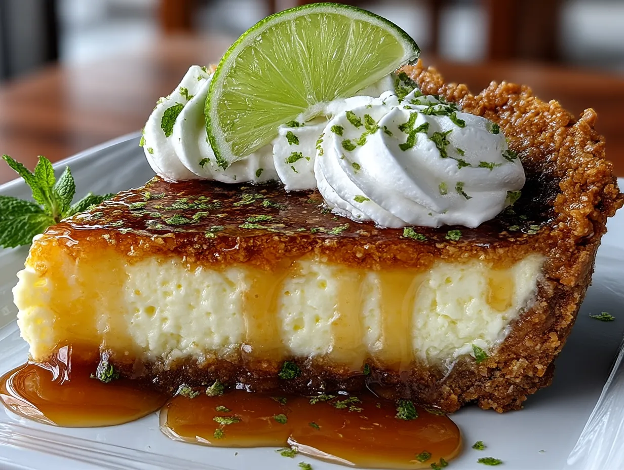 Slice of Key Lime Pie served with whipped cream and lime garnish