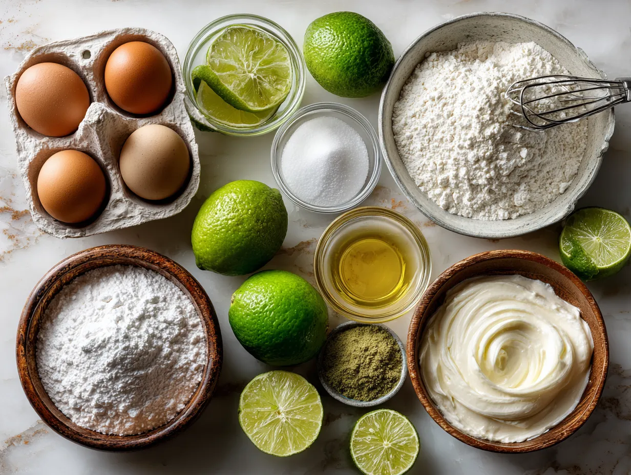Ingredients for Key Lime Pie Recipe on a wooden surface