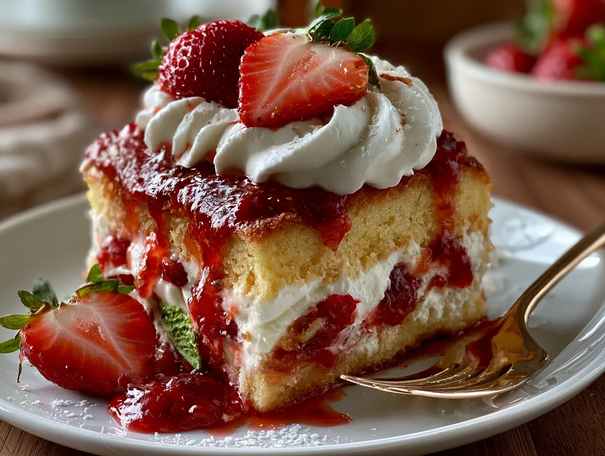 Serving Low Calorie Strawberry Poke Cake with fresh strawberries and mint garnish