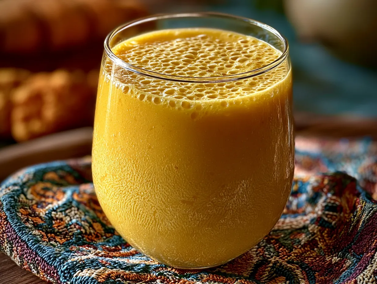 Mango Pineapple Protein Smoothie served in a tall glass with straw and tropical garnishes