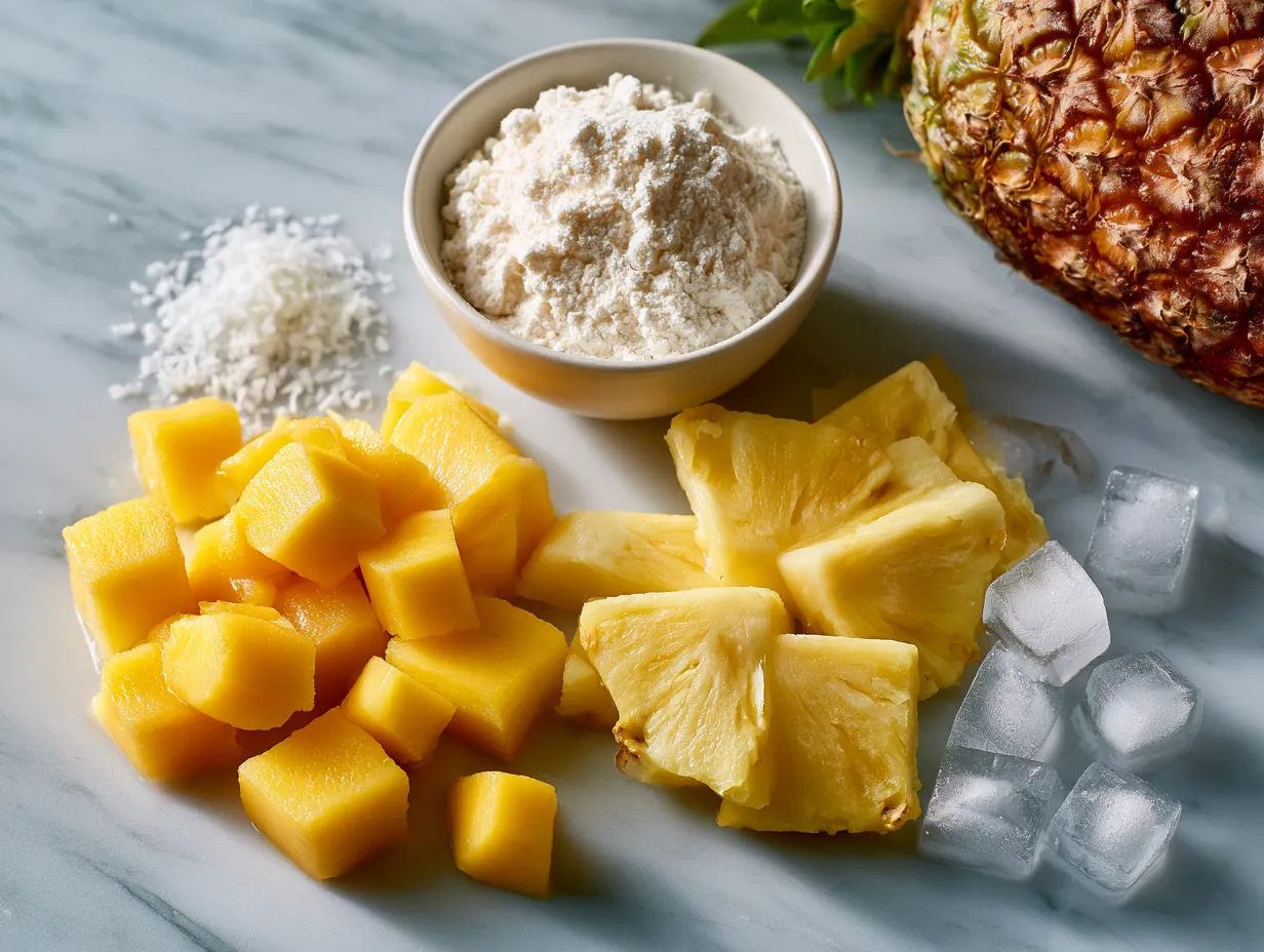 Ingredients for Mango Pineapple Protein Smoothie displayed on a table
