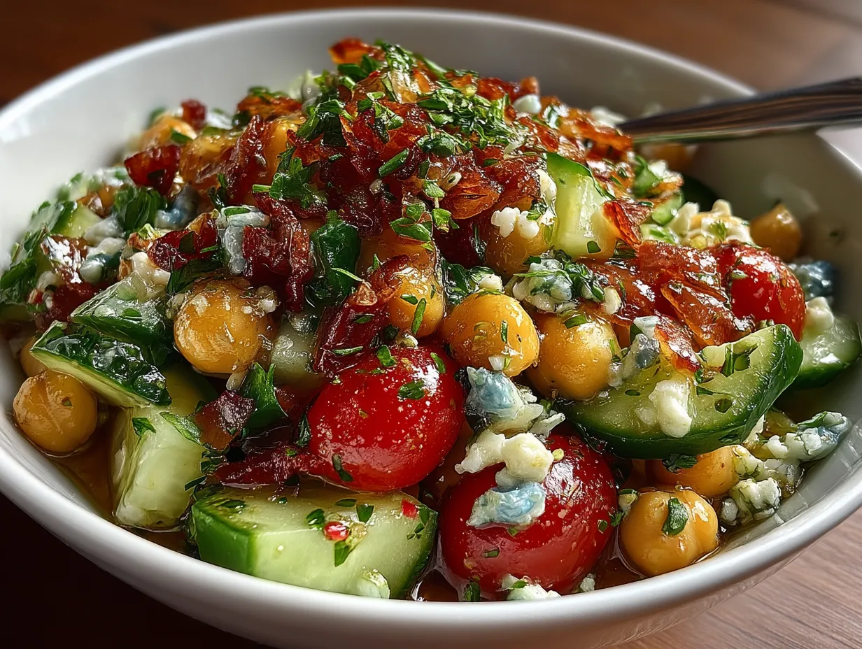 Mediterranean Chickpea Salad served with pita bread on a wooden table