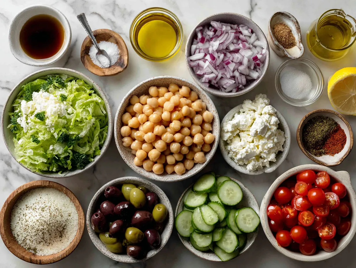 Ingredients for Mediterranean Chickpea Salad displayed in bowls and measuring spoons