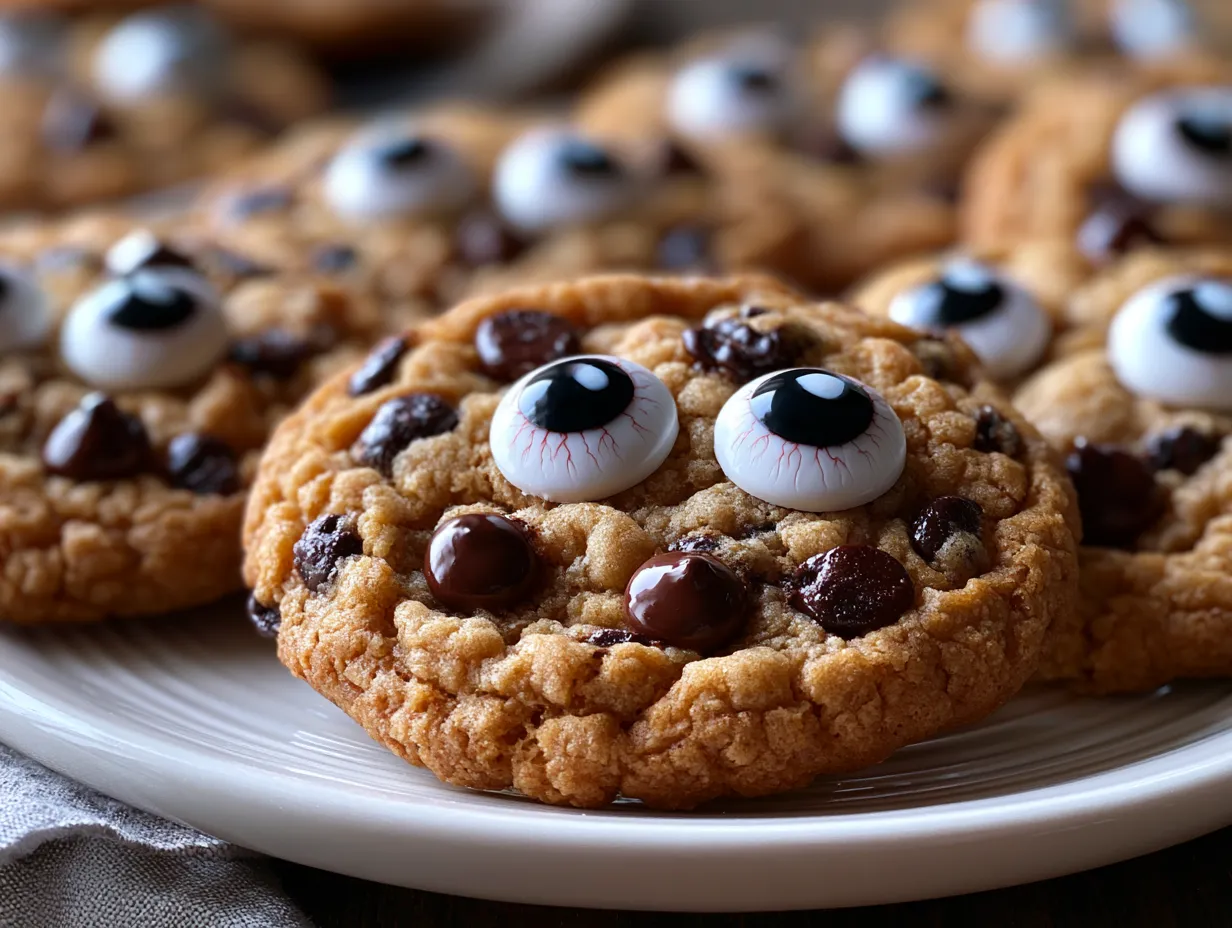 Serving Monster Eyeball Chocolate Chip Cookies on a dark platter