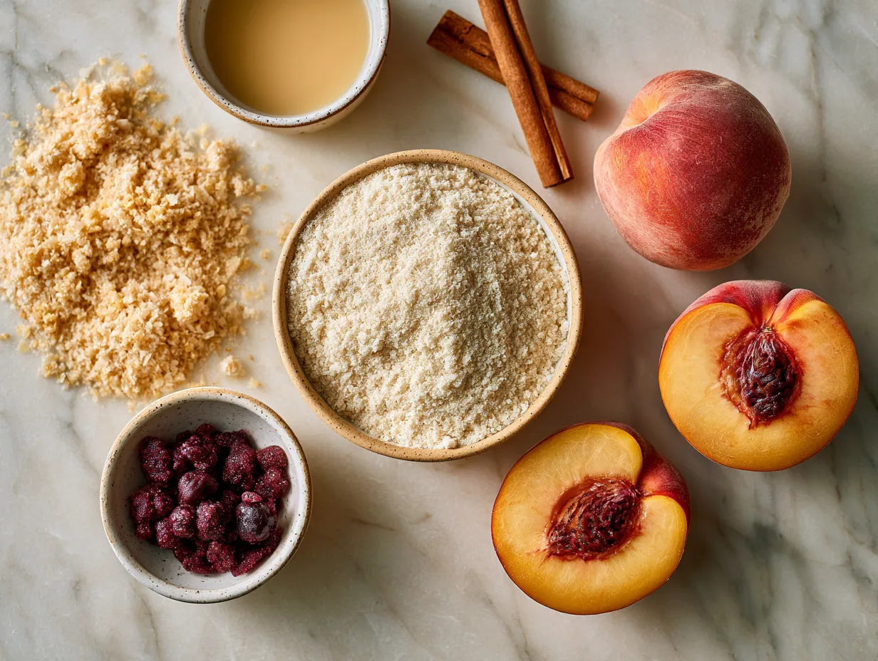 Ingredients for Nectarine Peach Galette-Style Crisp including nectarines, peaches, flour, sugar, and butter