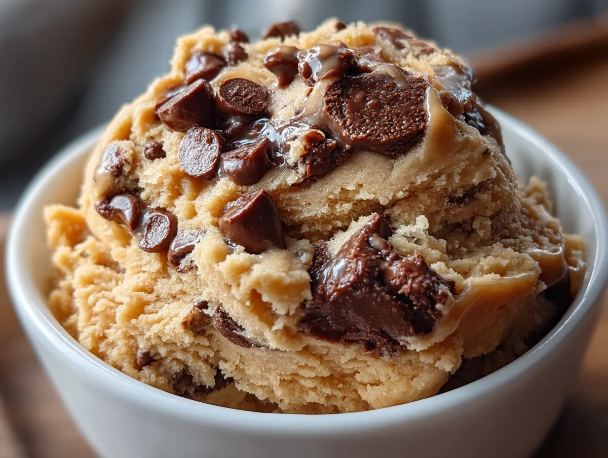 No-Bake Choc Chip Protein Cookie Dough served in bowls with fresh fruit