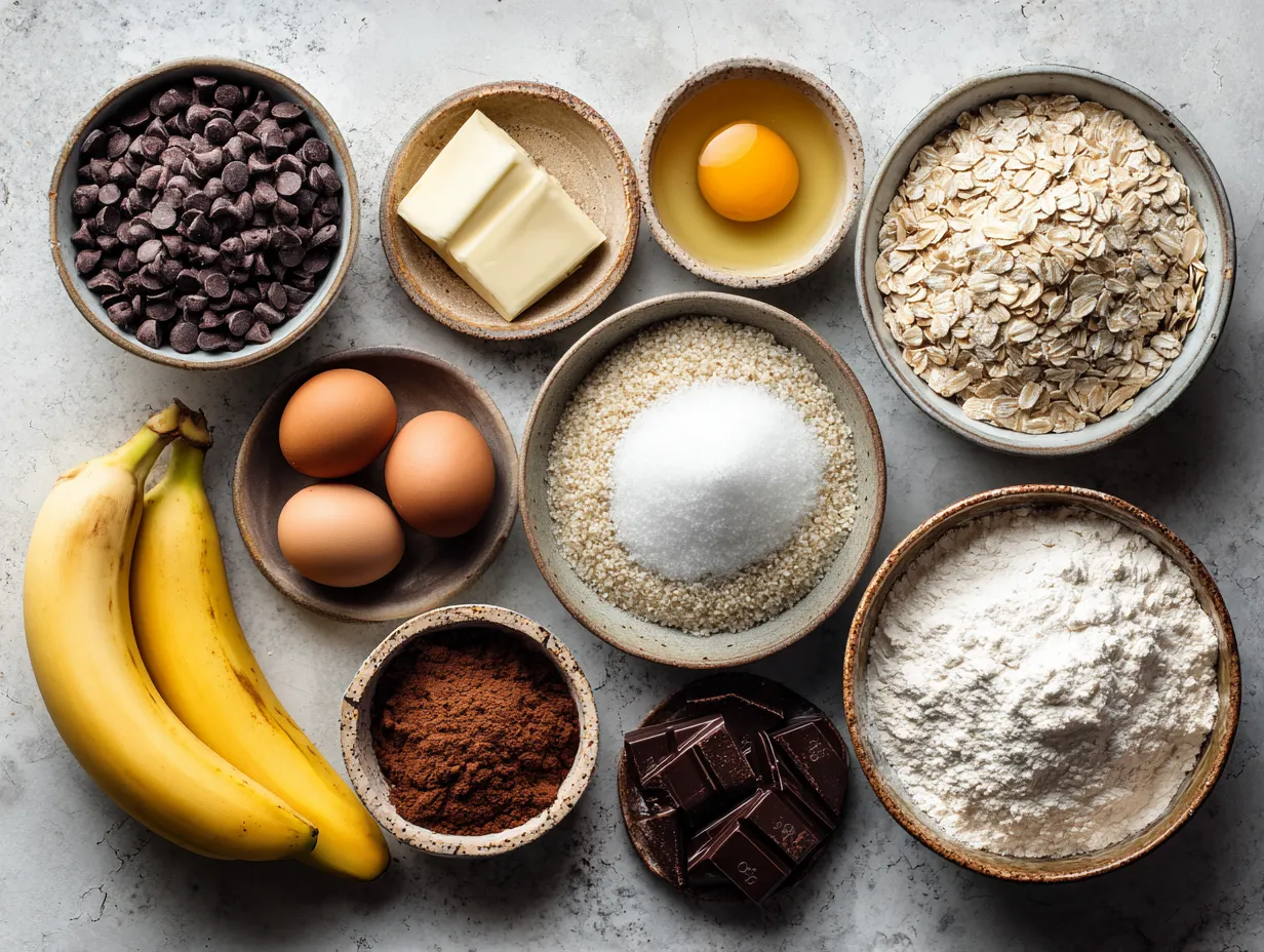 Ingredients laid out for No-Bake Choc Chip Protein Cookie Dough including almond flour, protein powder, peanut butter, maple syrup, coconut oil, vanilla extract, sea salt, and chocolate chips