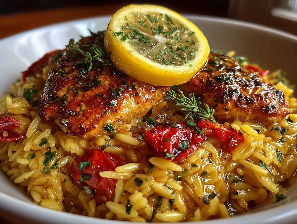Serving suggestion of One-Pot Lemon Chicken and Orzo on a plate garnished with fresh herbs and lemon wedges