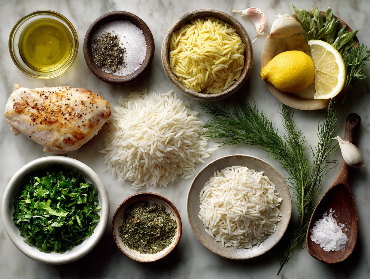 Ingredients for One-Pot Lemon Chicken and Orzo showing chicken thighs, orzo pasta, lemons, garlic, and herbs