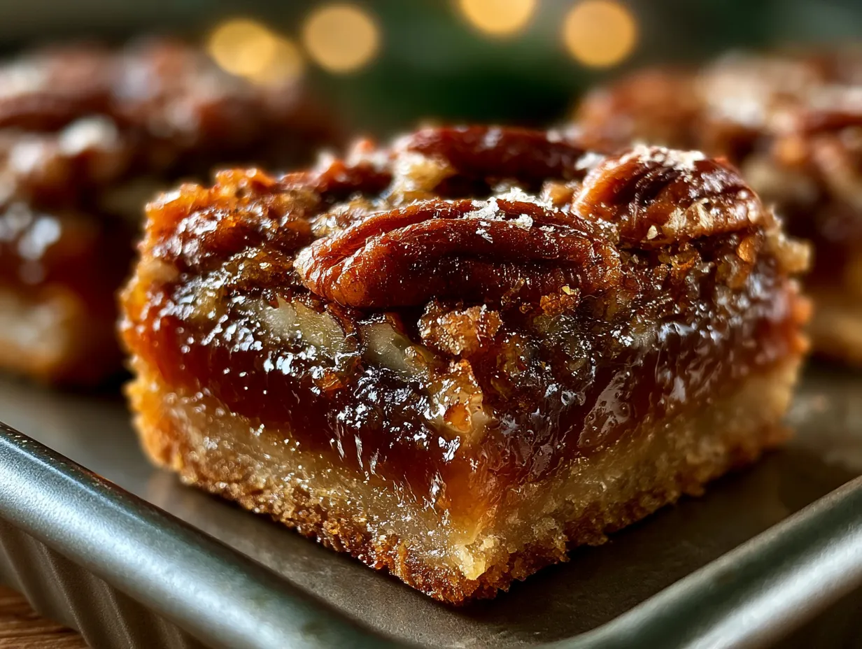 Pecan pie bars served on a rustic wooden board with cream