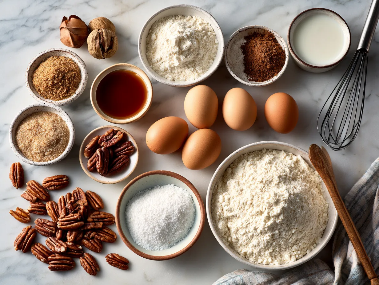Ingredients for homemade pecan pie bars laid out on a table