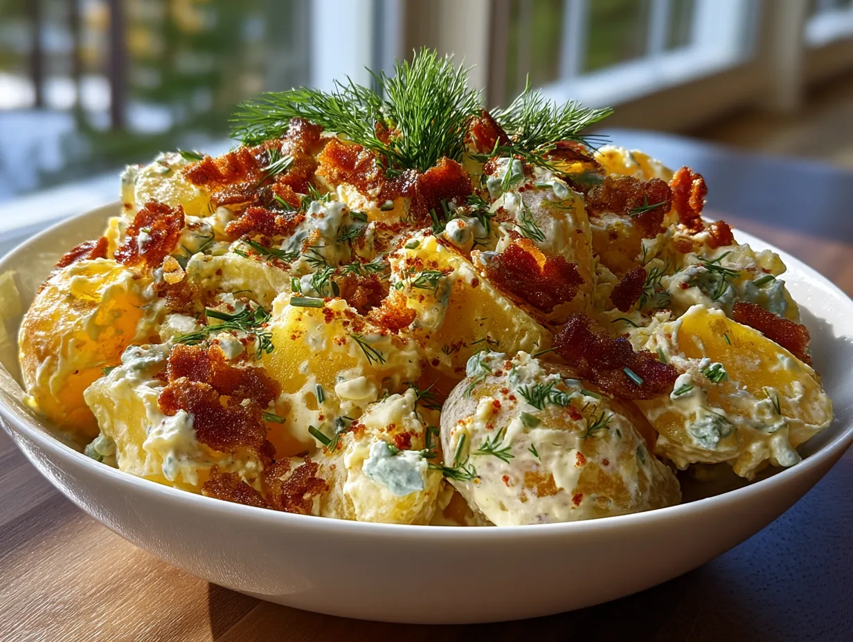Classic potato salad served in a wooden bowl garnished with fresh herbs