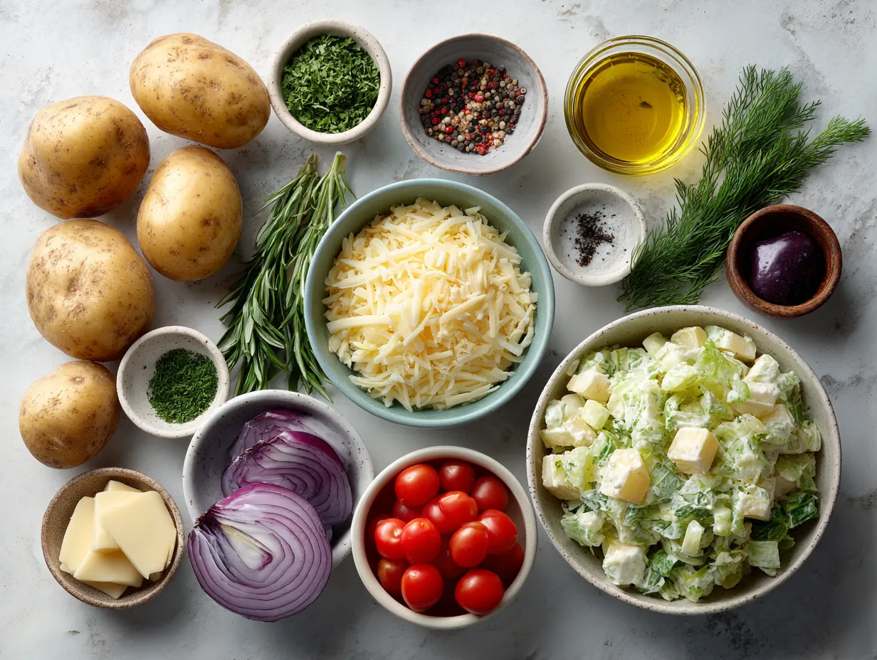 Ingredients for potato salad displayed on a kitchen counter