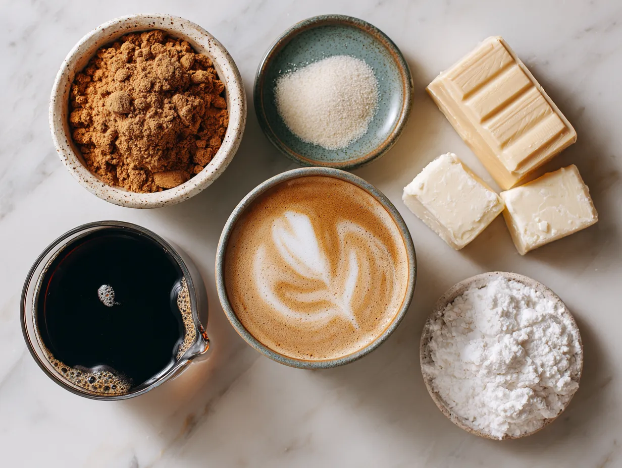 Ingredients for Protein Coffee Iced Latte Vanilla including coffee, protein powder, almond milk, syrup, and ice