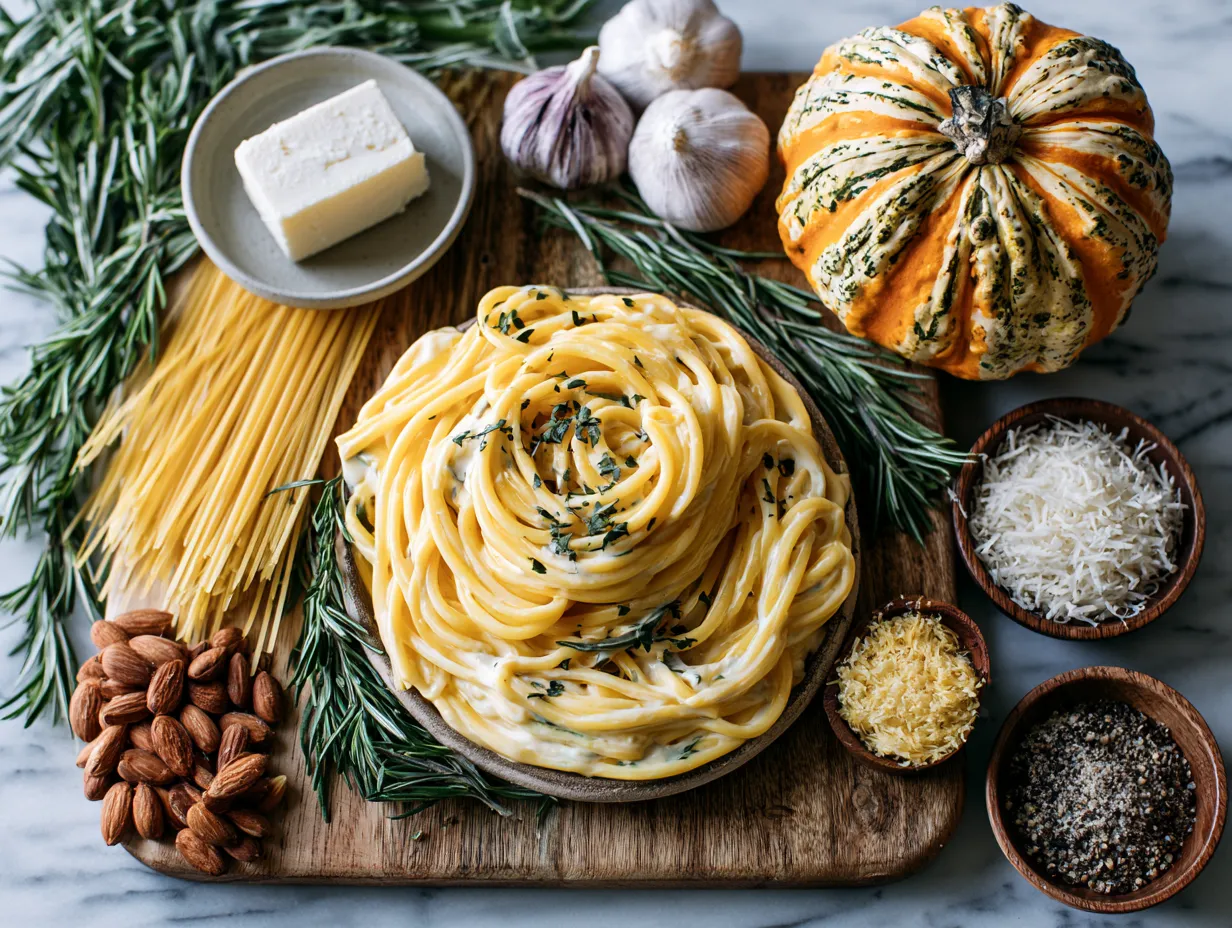 Ingredients laid out for Pumpkin Alfredo Spider Web Pasta