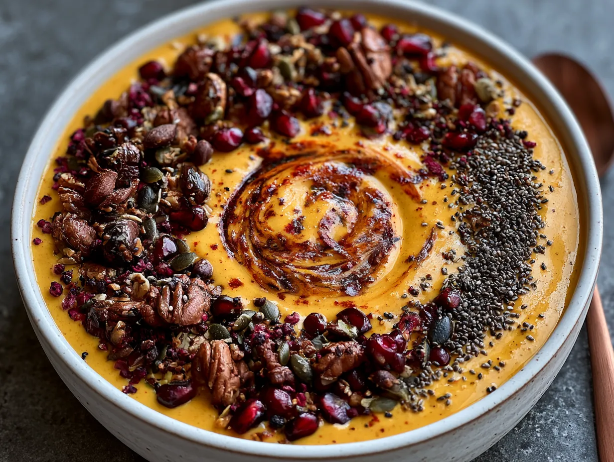 Serving suggestion of Pumpkin Bat Smoothie Bowl with colorful toppings and fall decorations