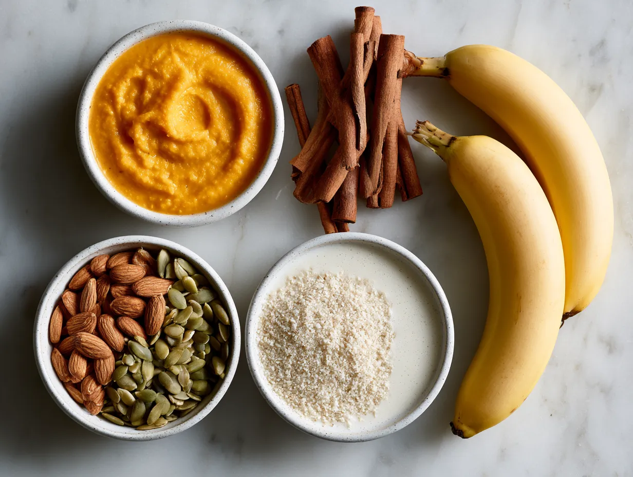 Ingredients for Pumpkin Bat Smoothie Bowl including pumpkin puree, banana, yogurt, and spices