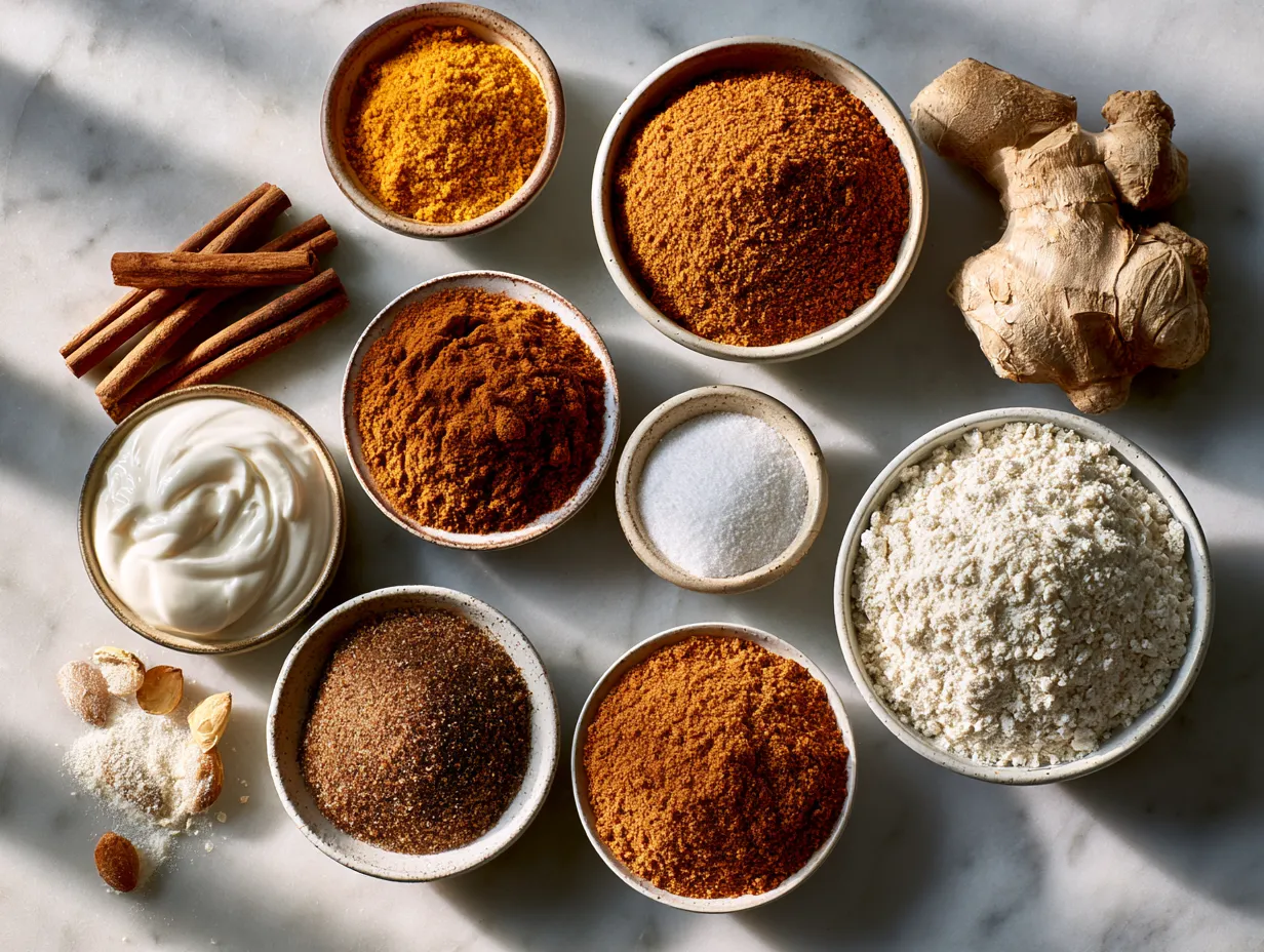 Ingredients for Pumpkin Spice Mummy Waffle Slice including flour, pumpkin pie spice, sugar, pumpkin puree and more