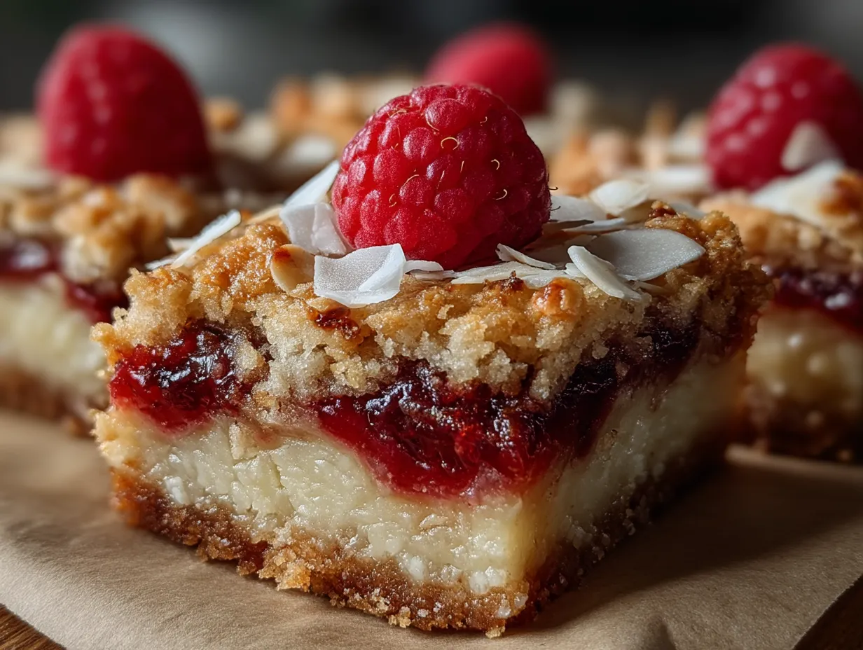 Fresh Raspberry Almond Crumble Bars served on a rustic wooden board with fresh raspberries
